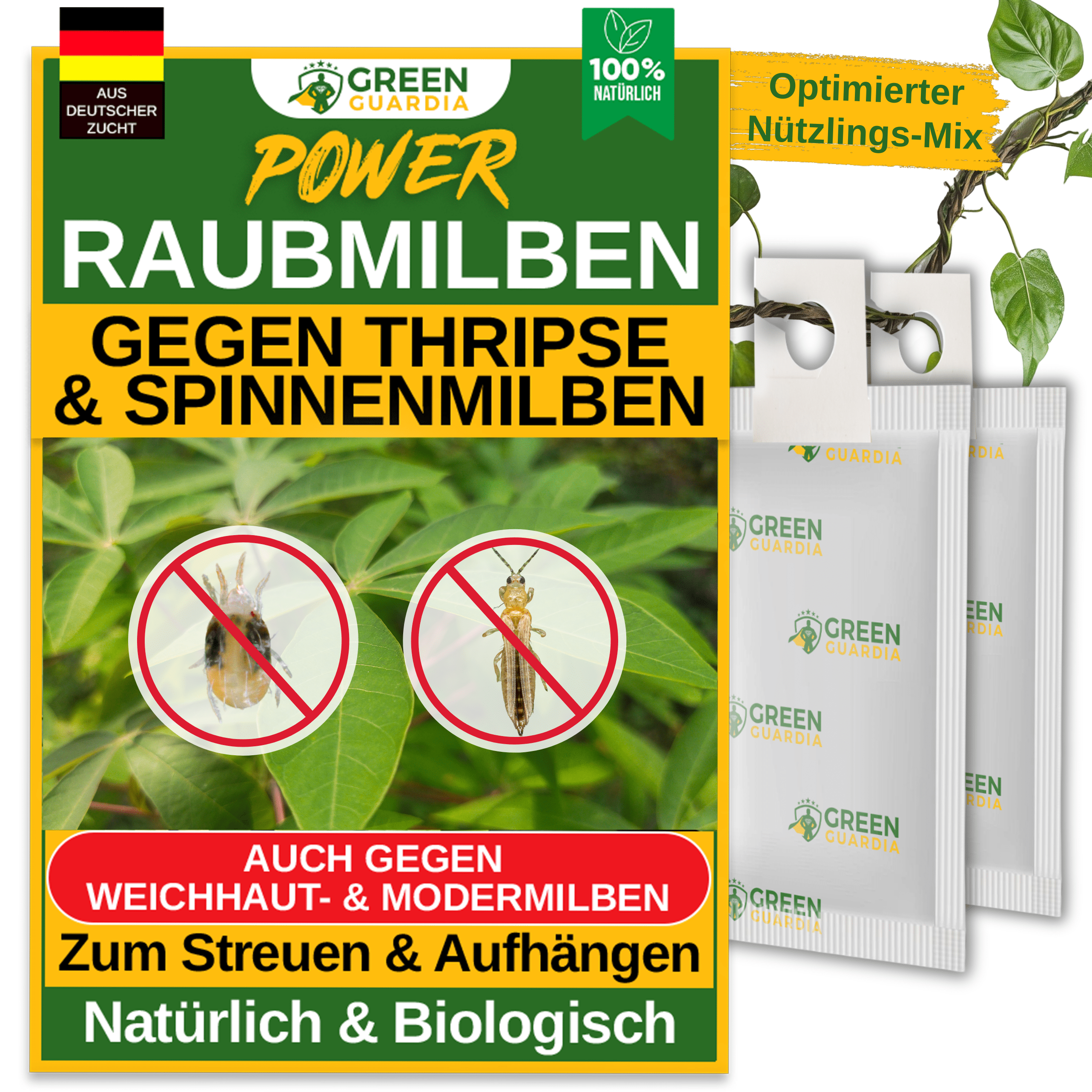 Raubmilben Mix gegen Thripse & Spinnmilben zum Aufhängen oder Streuen - Green Guardia - Ihr Experte für Schädlinge und Pflanzen