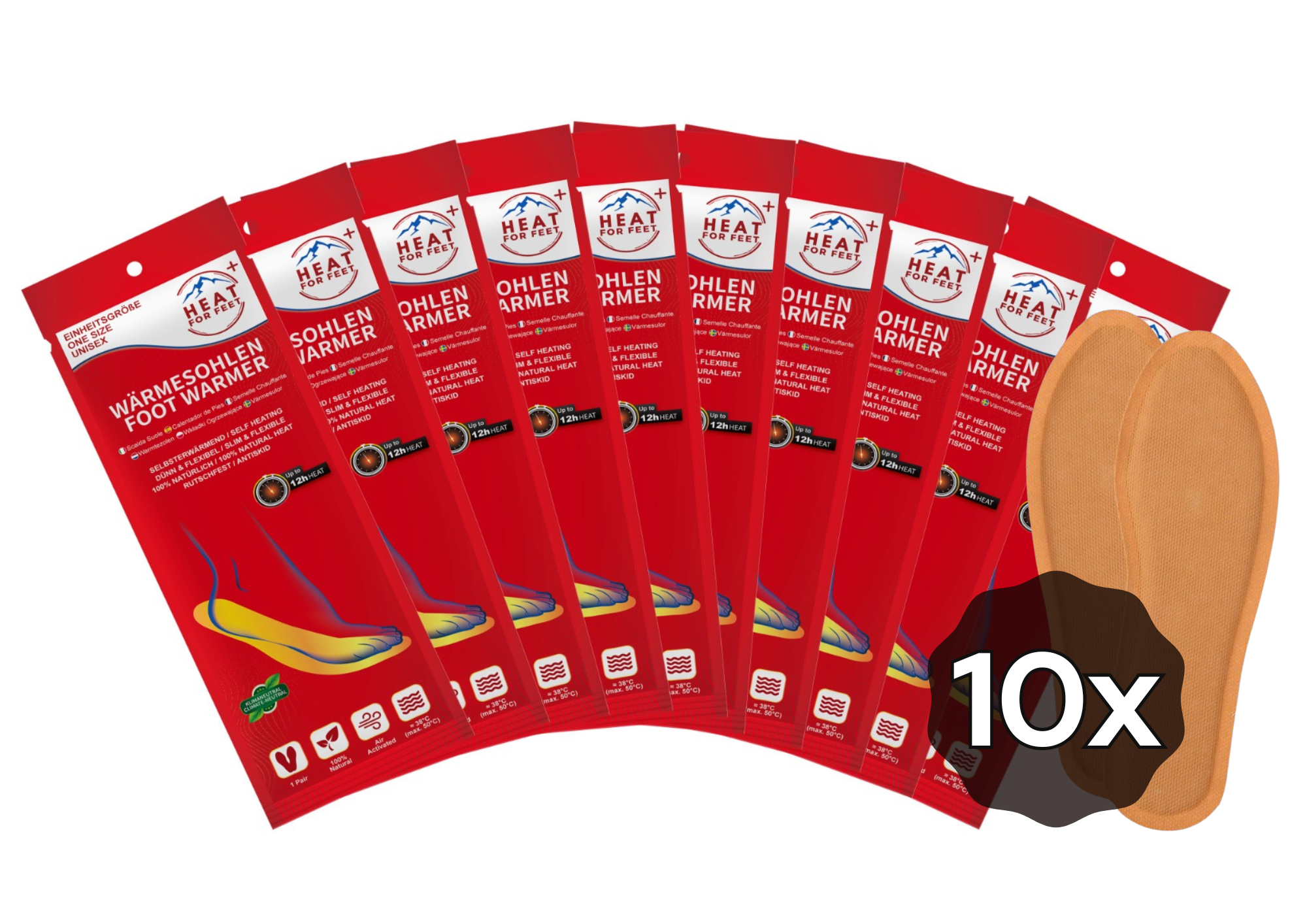 Heat for Feet, 10 Paar Wärmesohlen, bis zu 12 Std. Wärme, Einheitsgröße 36-46, dünn & flexibel, Sohlenwärmer,Sofort wärmende Einlegesohlen,Schuhwärmer